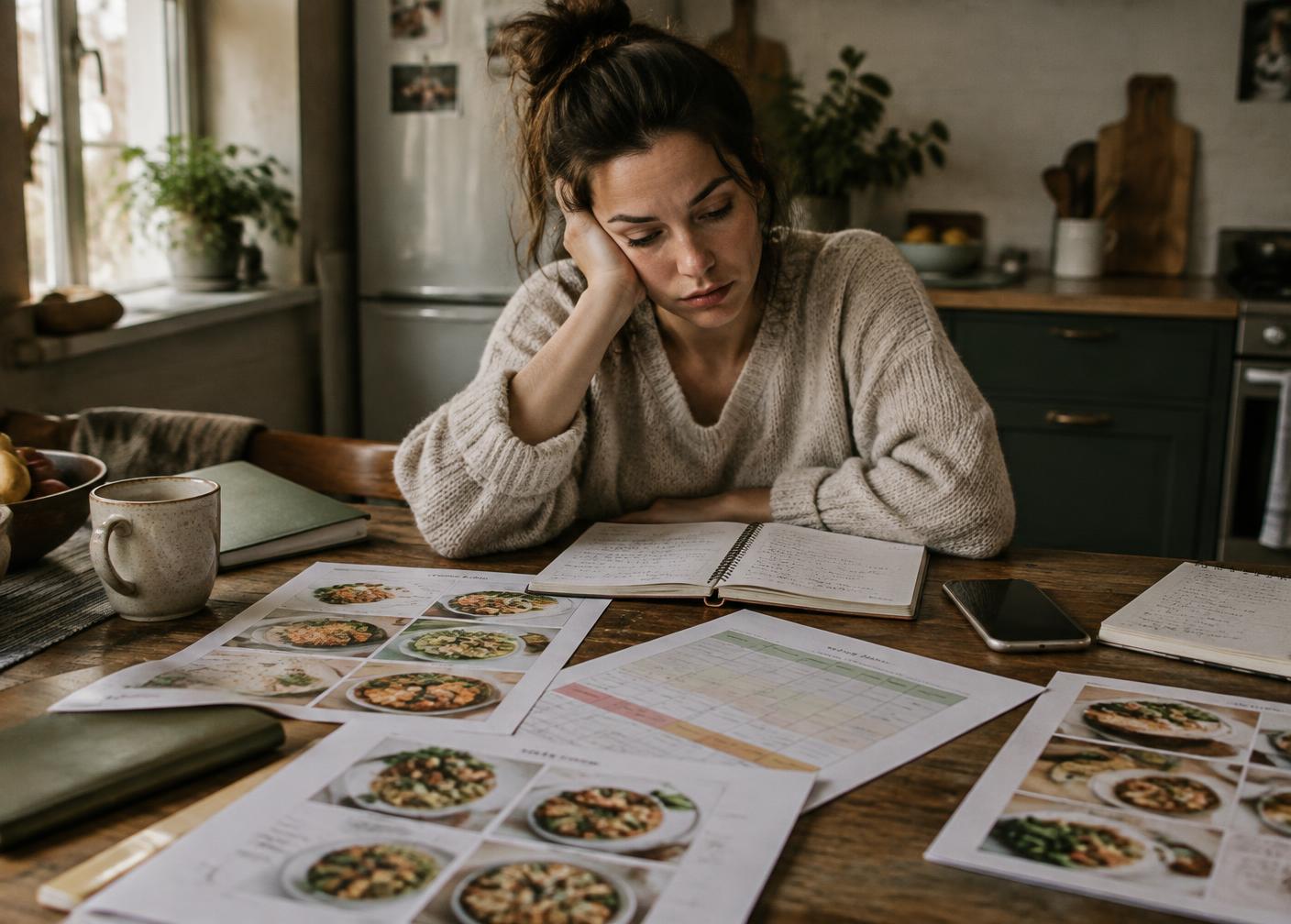 Mulher cansada diante de vários planos de dieta sobre a mesa
