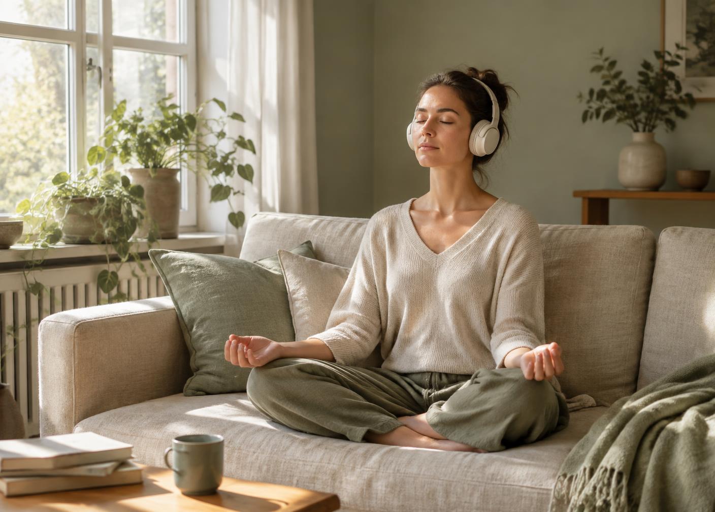 Mulher meditando com fones de ouvido em um espaço tranquilo